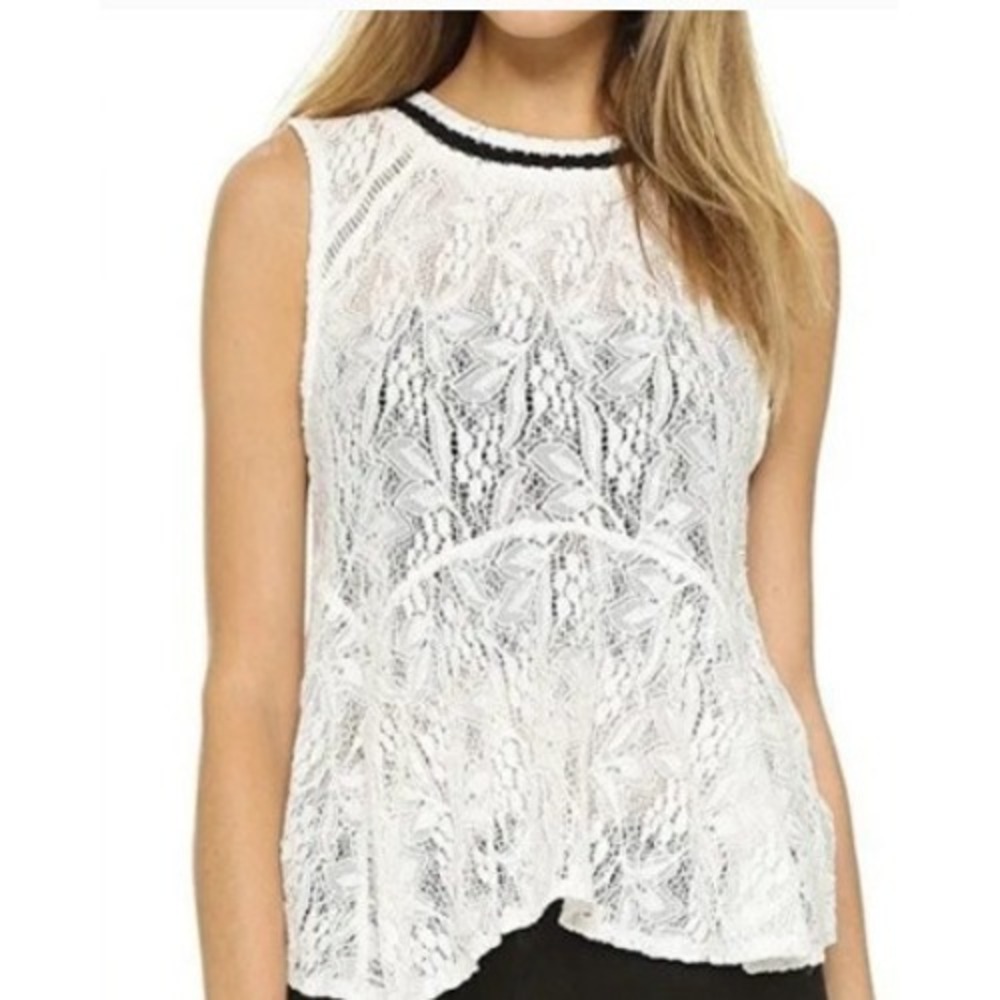 Free People Lace‎ Peplum Top XS Cream Black Trim Keyhole Back Sleeveless Boho
